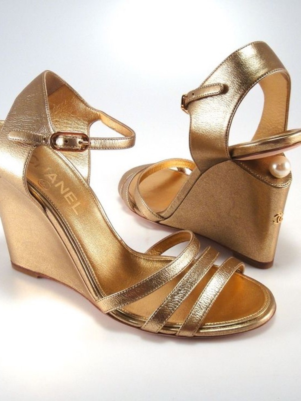 Chanel Metallic Gold Wedge Pearl Sandal 37